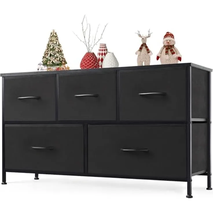 Sweetcrispy Kommode mit 5 Schubladen, Stoff Schubladenschrank, Schmal Schrank, Kommode Schlafzimmer, Industrial Stil für Wohnzimmer, Kinderzimmer, Flur Aufbewahrungsschrank, Schwarz