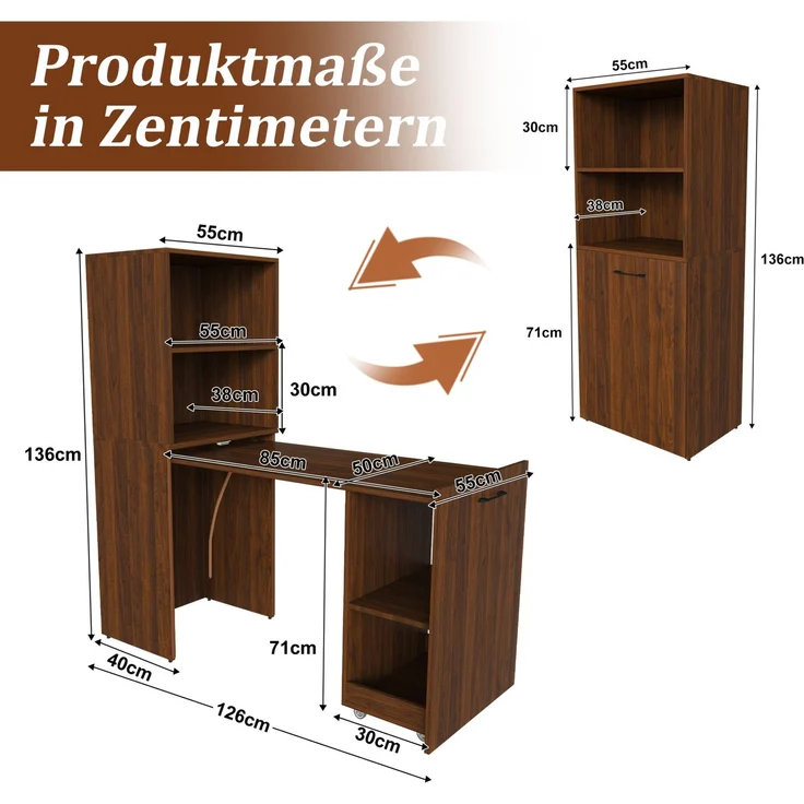 Schreibtisch mit ausziehbarer Tischplatte und Stauraum, 126x55x136 cm, Nussbaum – Bild 5