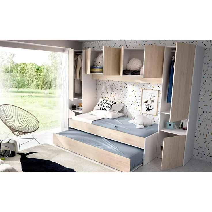 Dmora - Kinderbett Venturosa, Komplettes Schlafzimmer mit Bridge-Kleiderschrank und Kommode, Komposition mit Bett und Einzelausziehbett, 303 x 97 x 203 cm, Eiche und Weiß – Bild 7