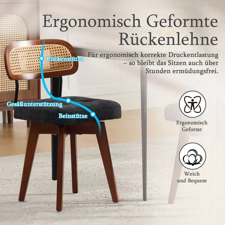 LVHOM 2er-Set Esszimmerstühle 360° Drehstuhl, Polsterstuhl in Rattan-Optik mit Chenille Kissen, stabiler Küchenstuhl mit Metallbeinen, Schwarz – Bild 6