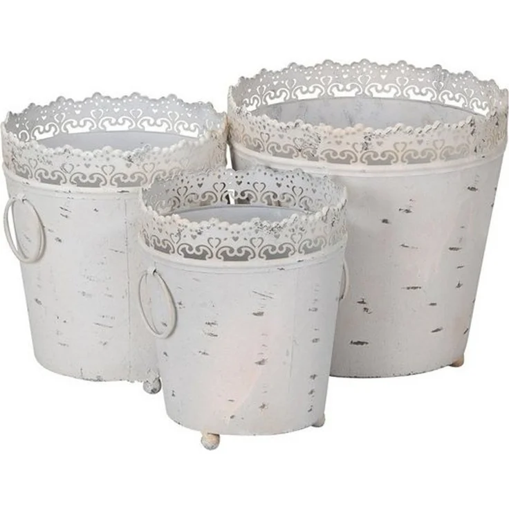 Levandeo® Pflanzkübel, Pflanzkübel 3er Set Eisen Weiß Grau Shabby Chic Vintage Kübel Deko – Bild 2