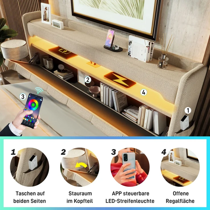Merax Polsterbett 140*190cm, Doppelbett, Stauraum Kopfteil mit USB und Typ C-Port ,360-Surround-LED-Funktion rund um Kopf- und Fußende des, Leinen, Beige – Bild 5