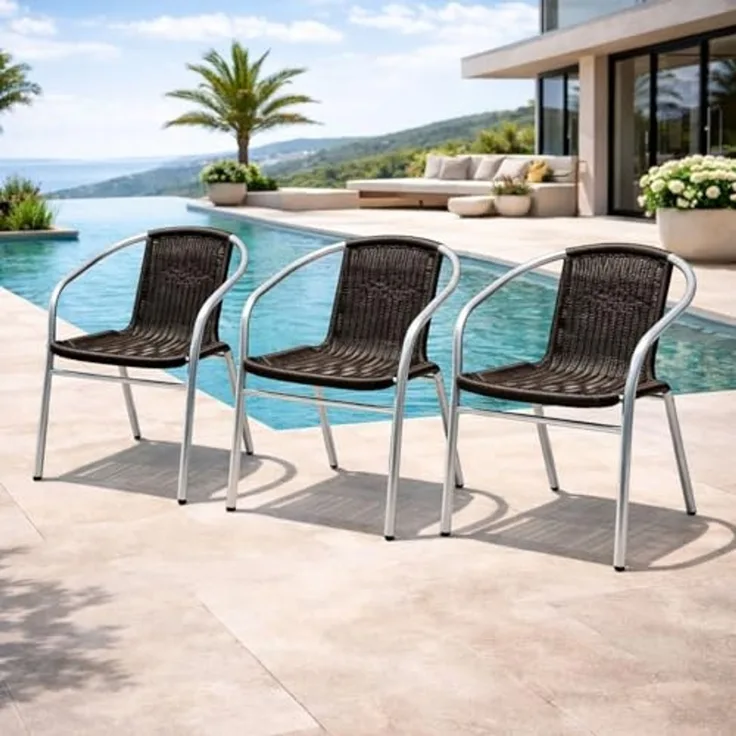3 Stück Stabiler Aluminium / Polyrattan Bistrostuhl stapelbar