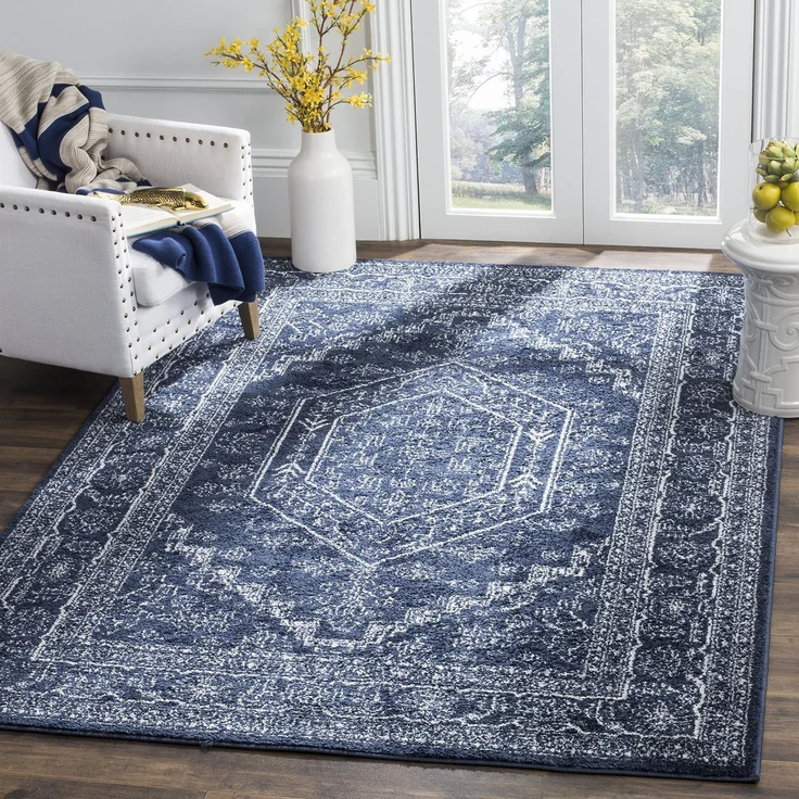 SAFAVIEH Traditionell Teppich für Wohnzimmer, Esszimmer, Schlafzimmer - Adirondack Collection, Kurzer Flor, Marine und Elfenbein, 155 X 229 cm