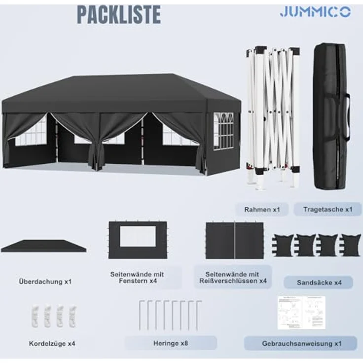 JUMMICO Pop up Pavillon 3x6 wasserdicht stabil Winterfest, One-Touch-Aufbau, Faltpavillon mit Seitenwänden, UV 50+, Shelter ideal für Garten, Innenhof, Camping und Partyzelte. Dunkelgrau – Bild 6