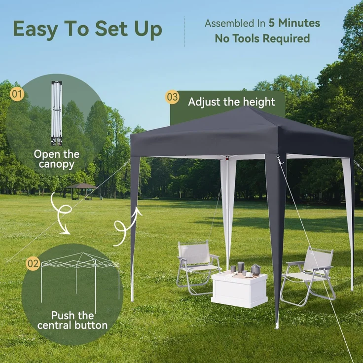 Aoxun Pop Up Pavillon 2x2m Wasserdicht, Metallrahmen-Schutzzelt, Höhe Verstellbar, Faltpavillon 2x2 mit Tragetasche für Camping Party, Grau – Bild 6