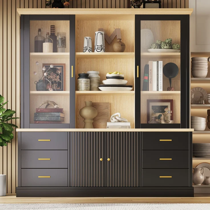 Küchenschrank 140 x 40 x 185 cm aus MDF, schwarz, mit Glastüren und 6 Schubladen – Bild 2