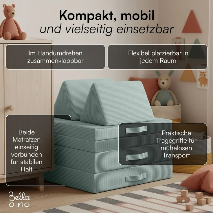 Bellabino 'Nile' Spielsofa mini, 4-tlg, Cord, türkis, faltbare Kindercouch, abnehmbarer & waschbarer Bezug, Kleinkindsofa aus Schaumstoff, bis 6 Jahre, Oeko-Tex zertifiziert – Bild 9