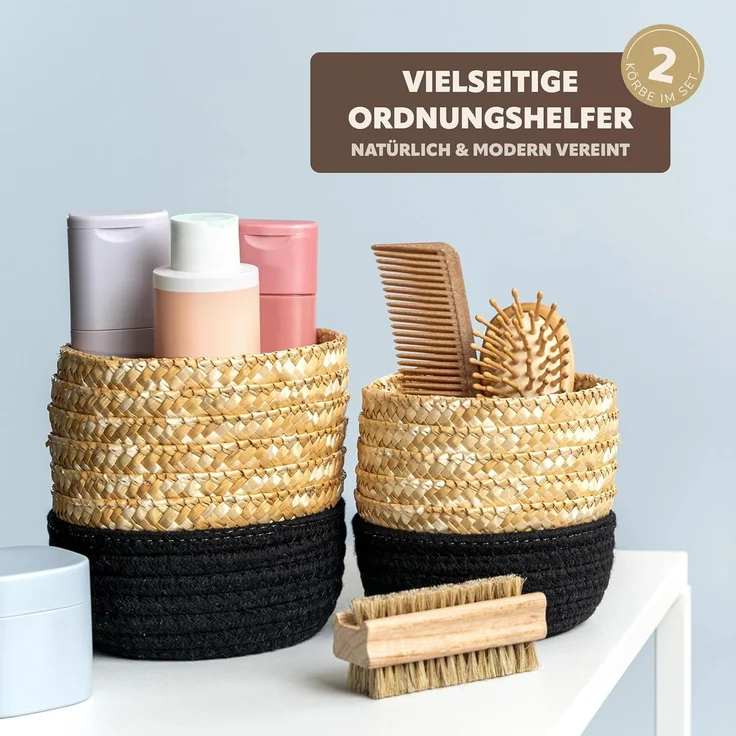 bremermann Aufbewahrungskorb Aufbewahrungskörbe 2er Set, Baumwolle/Strohgeflecht Ø12,5 & Ø14,5 cm – Bild 2