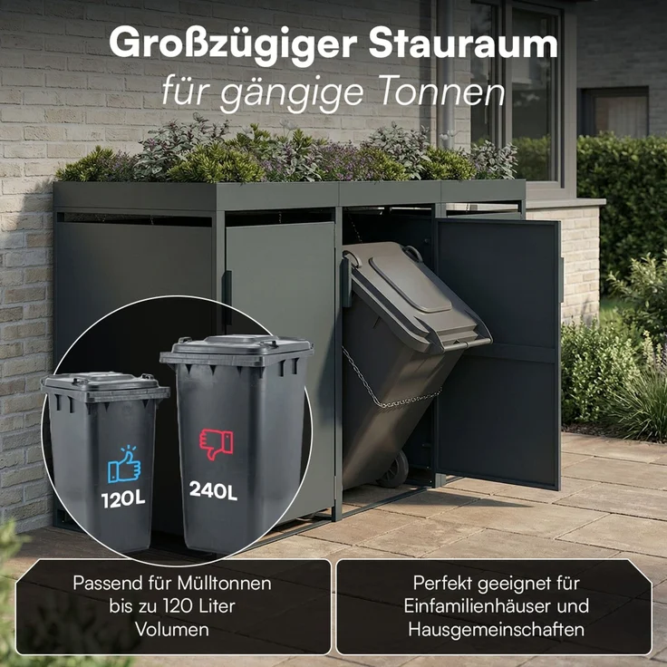 STEELSØN 'Thoria' Mülltonnenbox 3er je 120 Liter, anthrazit, Mülltonnenverkleidung aus Stahl, wetterfest, 111x62x177,5 cm, Müllbox mit Pflanzendach für 3 Tonnen – Bild 2