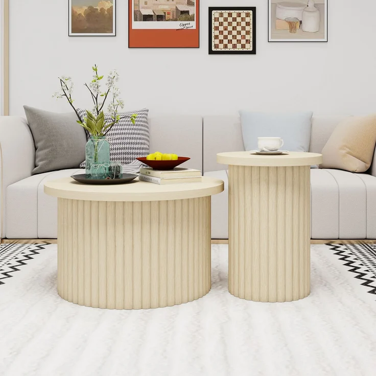 Rundes Couchtisch-Set im 2er-Pack–MDF mit natürlicher Holzoptik,Ø 68.7cm & Ø 40.1cm,stabil und modern – Bild 3