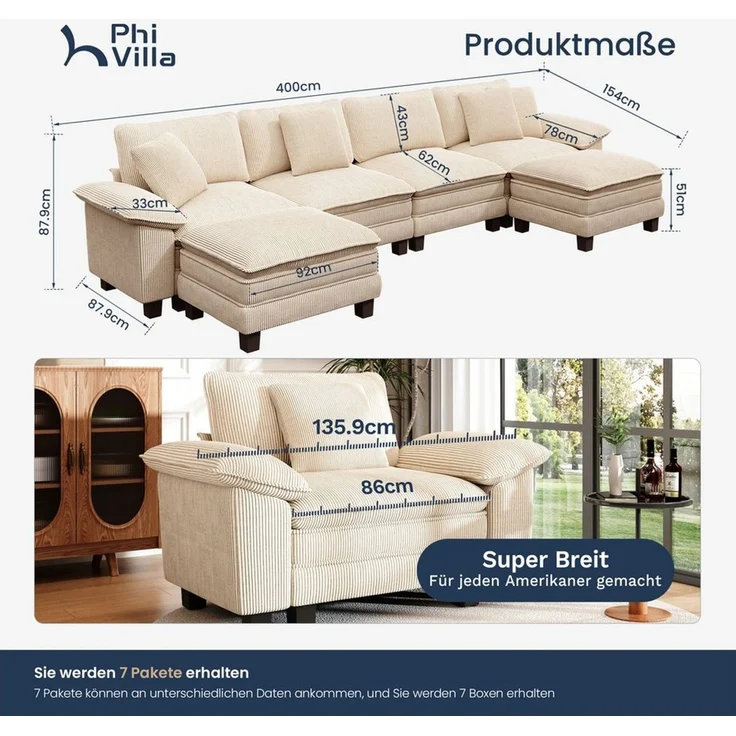 PHI VILLA Ecksofa L-Form Couch, 4-6-Sitzer-Sofa, Modulare Sofas inklusive Zierkissen und Ottomane für das Wohnzimmer – Bild 2