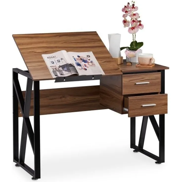 Relaxdays Schreibtisch neigbar, verstellbare Arbeitsfläche, Holz, 75 x 110 x 55 cm