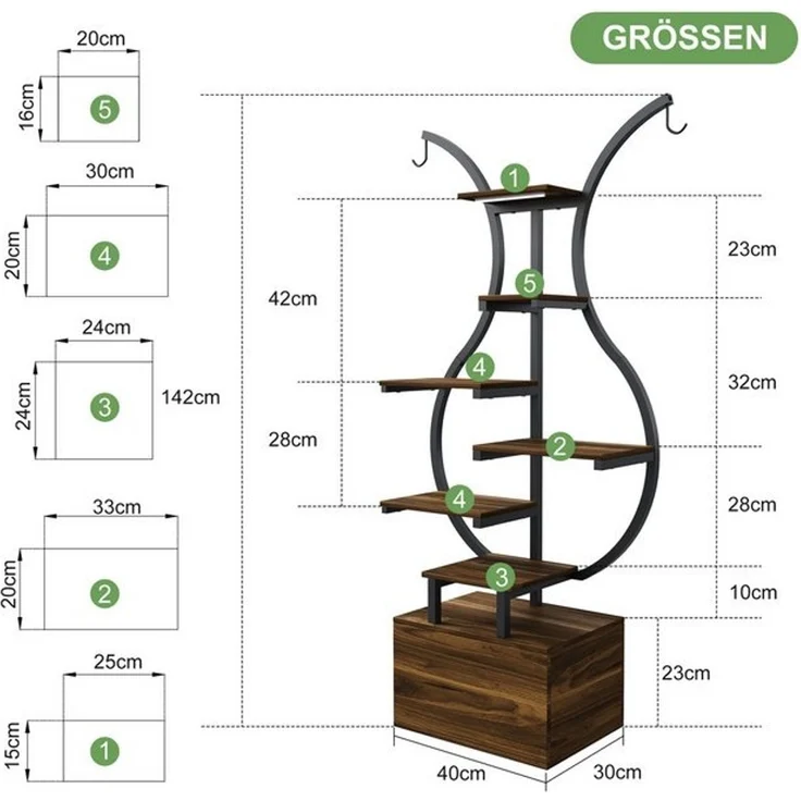 FUROKOY Blumenständer Pflanzenständer Pflanzenregal Blumenregal Outdoor Indoor, 6 Etagen,mit 2 Haken, für Balkon Deko Garten Wohnzimmer – Bild 4