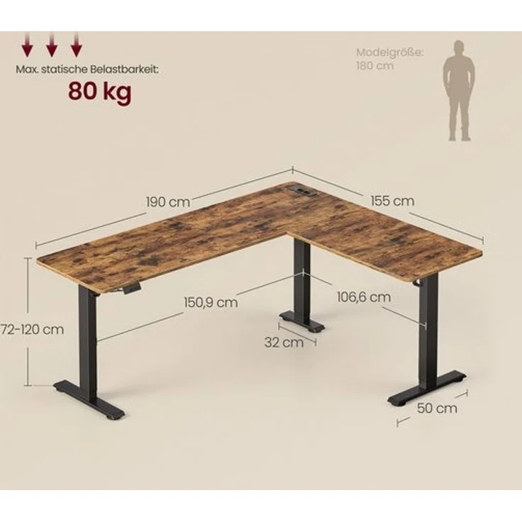 VASAGLE L-förmiger Eckschreibtisch, Höhenverstellbarer Schreibtisch, 190 x 155 cm, mit Ladestation, braun – Bild 5