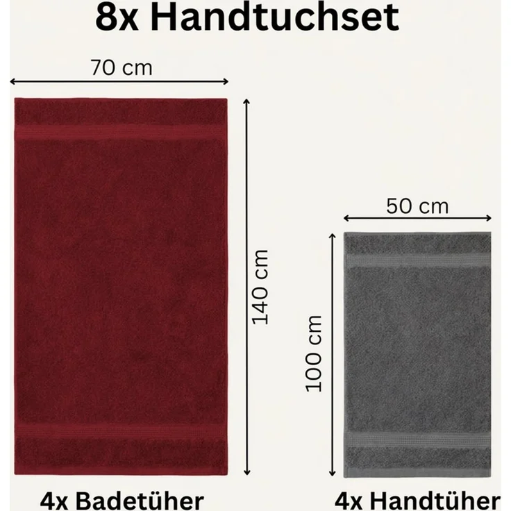 Komfortec 8er Handtuch Set aus 100% Baumwolle, 4 Badetücher 70x140 und 4 Handtücher 50x100 cm, Frottee, Weich, Towel Groß, Anthrazit Grau/Aurorarot – Bild 2