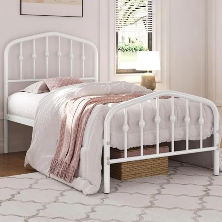 Yaheetech Bettrahmen 90 x 190 cm, Vintage Metallbett mit kronenförmigem Kopfteil, Stabiles Bettgestell Einzelbett aus Metall, Robust & Leichte Montage Gästebett Jugendbett Tagesbett, Weiß – Bild 2
