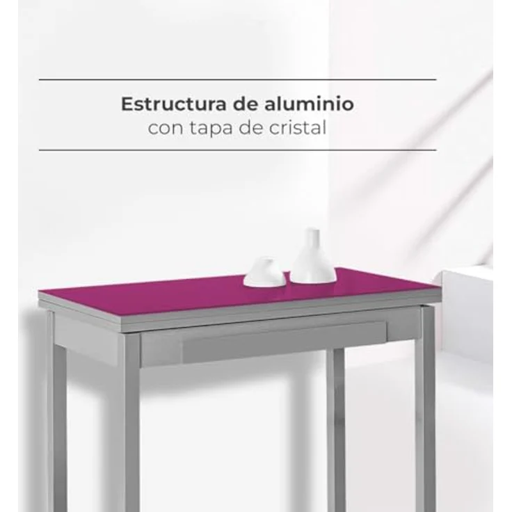 ASTIMESA - Küchentisch mit Schublade - Tisch mit Glasplatte in Aubergine - Minimalistisch - Gestell aus schwarzem Laminat - Ausziehtisch von 80x40 cm bis 80x80 cm – Bild 6