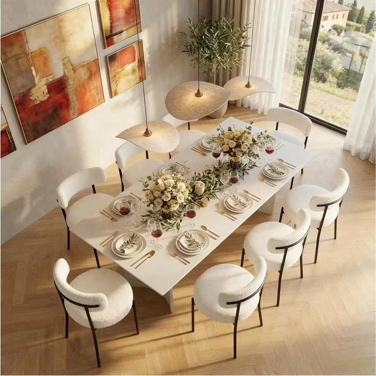 Puluomis Esszimmerstuhl (2/ 4/6er Set Bouclé mit Rückenlehnen, Polsterstühle Küchenstühle mit Metallbeinen, für Esszimmer Küche Wohnzimmer Schlafzimmer, Modern Retro Design, 8 St), Weiß, Schwarz – Bild 1