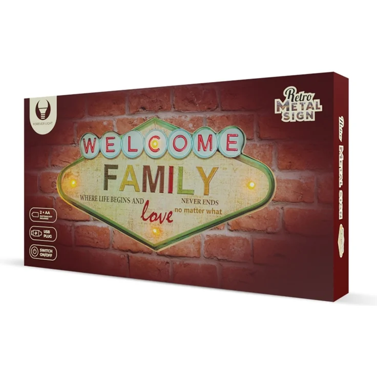 Forever Light Retro Metallschild LED „Welcome Family“ USB Wanddeko – Bild 5