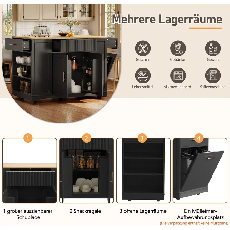 Kücheninsel mit integriertem Mülleimer, 2 Türen, 3 Schubladen und seitlichen Regalen, Schwarz freistehender Küchenschrank auf Rollen – Bild 6
