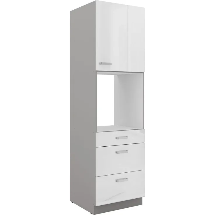 Küchen Hochschrank 60 Bianca Weiß Hochglanz + Grau Küchenzeile Küchenblock