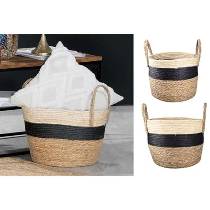 GILDE GLDE Aufbewahrungskorb Deko Korb mit Griff - 3er Set Körbe storage basket - Schwarz Naturfaben - Bad Schlafzimmer Wohnzimmer - Ø 25 / 31 / 38 cm Höhe 22 / 26 / 39 cm – Bild 1