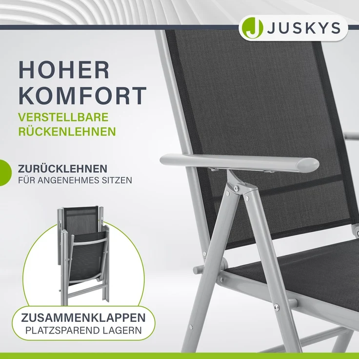 Juskys Aluminium Gartengarnitur Milano 4+1 — 4 Hochlehner Stühle verstellbar & klappbar mit Tisch — Gartenmöbel Set 5-teilig wetterfest — Silber – Bild 4