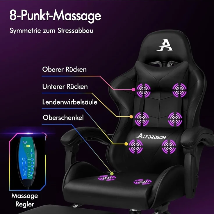 Gaming-Stuhl mit Massage und Fußstütze, 150° Neigung, höhenverstellbar – Bild 5