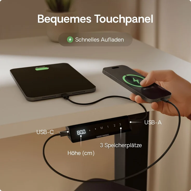 Desktronic HomeOne Elektrisch höhenverstellbarer Schreibtisch 160x80cm Schwarz/Weiß mit Memory-Funktion, Anti-Kollisions Technologie, USB-A und USB-C-Ladeanschlüssen – Bild 6