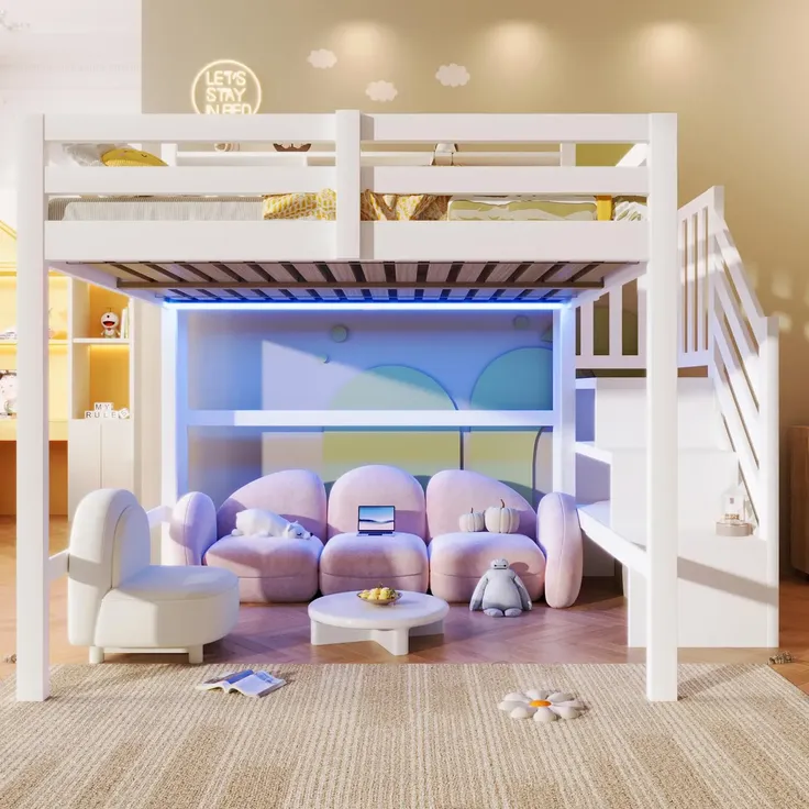 Hochbett mit RGB LED-Streifen, Stauraum, Lattenrost, Rausfallschutz und Regal, Treppe mit Regal, 140x200 cm, Kinderbett, Kiefer