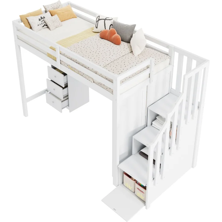 Merax Hochbett Etagenbett 90*200cm Kinderbett mit Schreibtisch und Kleiderschrank, Treppe, multifunktionales Kinderetagenbett, ausgestattet mit Schubladen und Treppenschrank, weiß – Bild 8