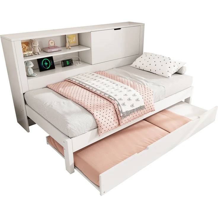 Merax Einzelbett, Schlafsofa, 90×190 cm, Kinderbett, Daybett mit Ausziehbett 90×190, mit Stauraum‑Rückwand, offenes Fach, verdeckter Klapp‑Stauraum, USB Ladestation, weiß – Bild 10
