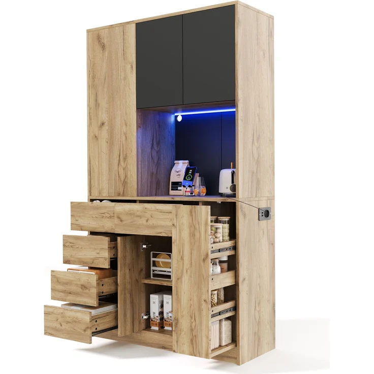 ZUBALIYA Küchenschrank 105x40x185 cm, mit LED-Beleuchtung, mit Steckdosen, mit verstellbaren Einlegeböden, aus MDF, Schwarz / Natur – Bild 9