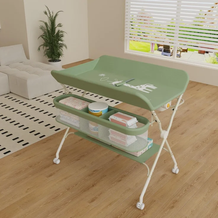 Wickelstation für Baby, Wickeltisch, faltbar, tragbar, Wickeltisch, faltbar, tragbar, mit Aufbewahrungskorb, maximale Belastung von 25 kg,75 x 68 x 83–91 cm (Grün) – Bild 1