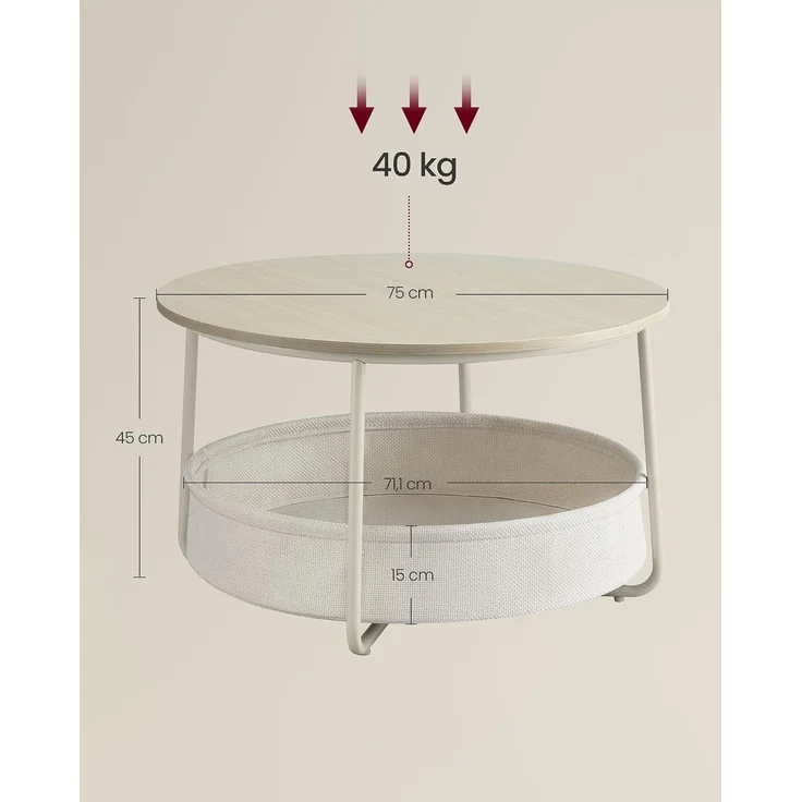 VASAGLE Couchtisch, Beistelltisch, Wohnzimmertisch mit Korb aus Stoff, modern, ∅75 x 45 cm, beige – Bild 3