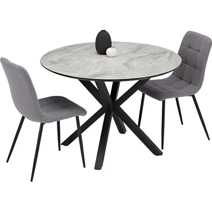 Esstisch mit 2 Stühlen Set Essgruppe Polsterstühle Leinen Grau Esszimmertisch Rund Ø 110 cm Modern Metall Schwarz – Bild 9