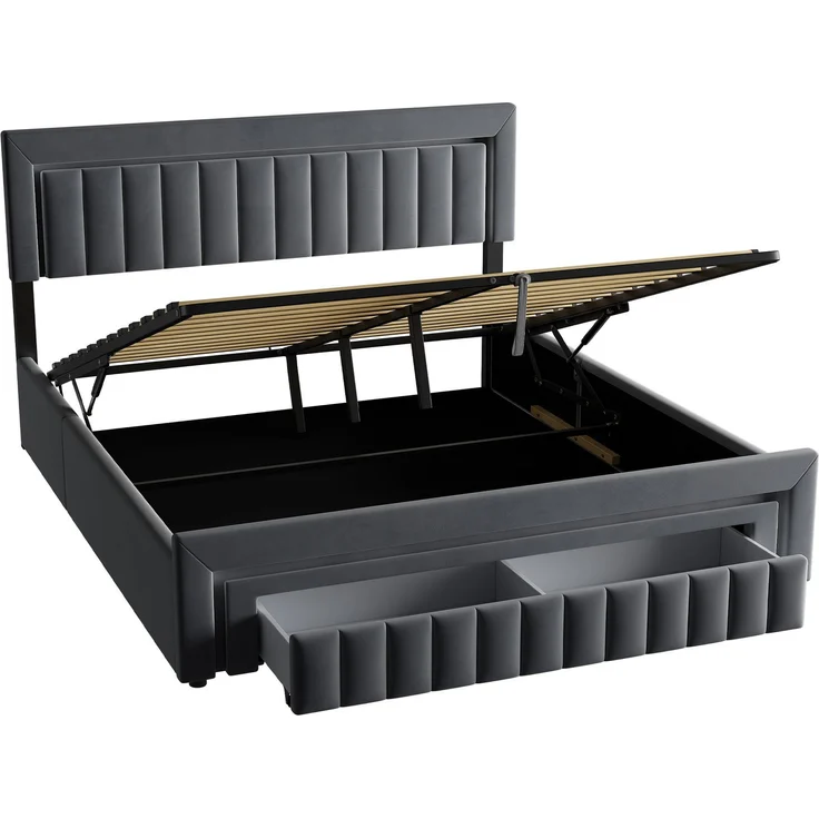Polsterbett 180x200 cm mit LED-Beleuchtung, Samtbezug und Schubladen, Dunkelgrau – Ohne Matratze – Bild 7