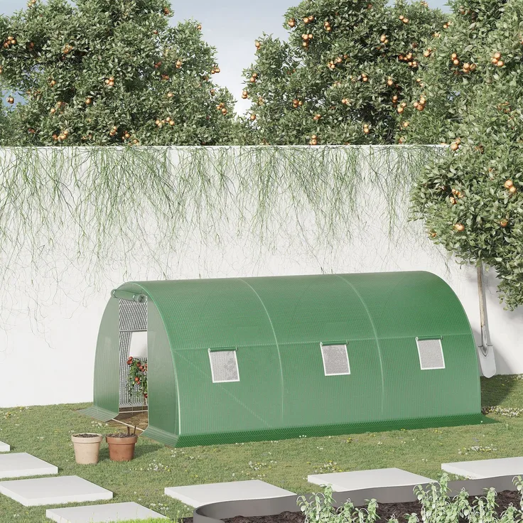 Wohnora-13,5 m² großes Tunnelgewächshaus mit 6 Fenstern, aufrollbarer Reißverschlusstür, verzinktem Stahlrahmen und PE-Folie (4,5 x 3 x 2 m) – grün,H 2000cm x T 1180cm x B 3000cm