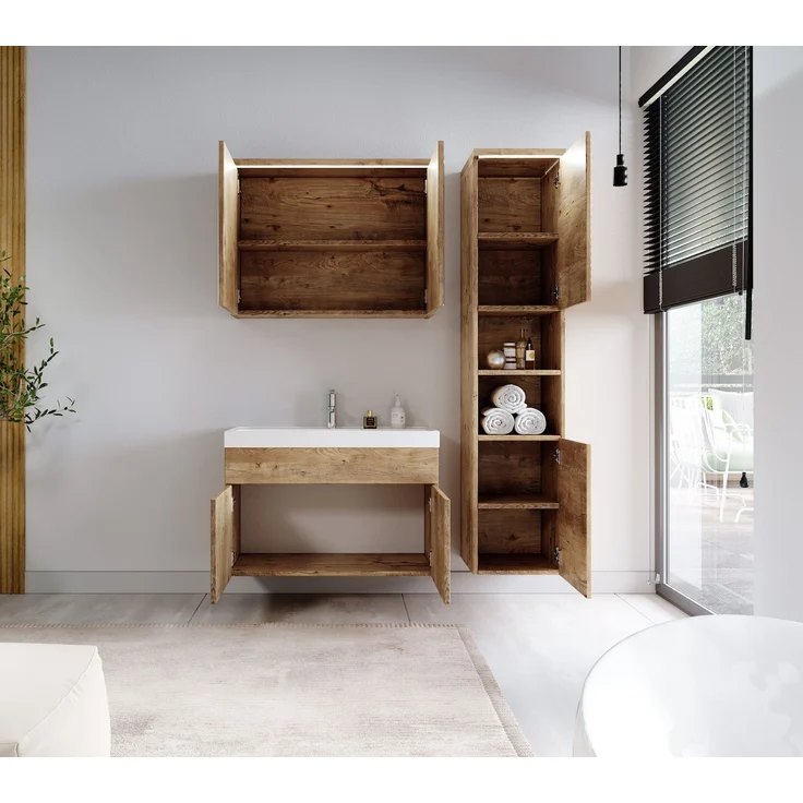 Badplaats Badmöbel Komplettset Paso LED 80 x 40 cm Kastanien Eiche - Badezimmermöbel mit Waschbecken, Spiegelschrank und Badezimmerschrank – Bild 3
