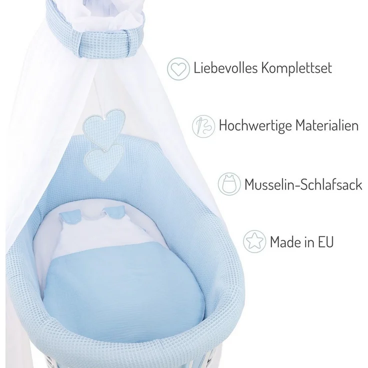 FabiMax Stubenwagen Weiß lackiert, 2 in 1 Musselin / Waffelpiqué Komplettset Blau mit Schlafsack – Bild 2