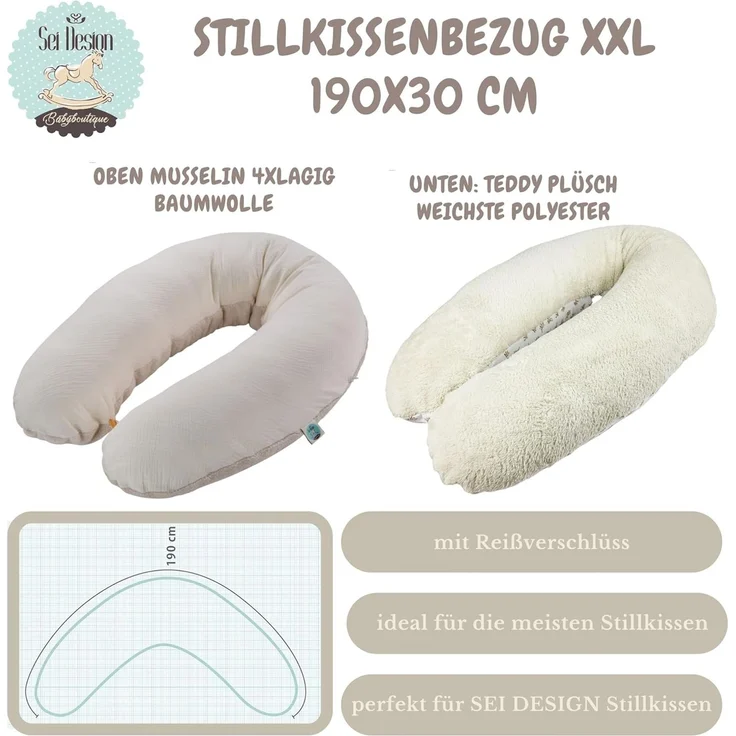 sei Design Musselin Stillkissen XXL 190x30 Öko-Tex Seitenschläferkissen | Ergonomisches Schwangerschaftskissen Lagerungskissen | Bezug aus Musselin [Baumwolle] & Teddyplüsch – Bild 2