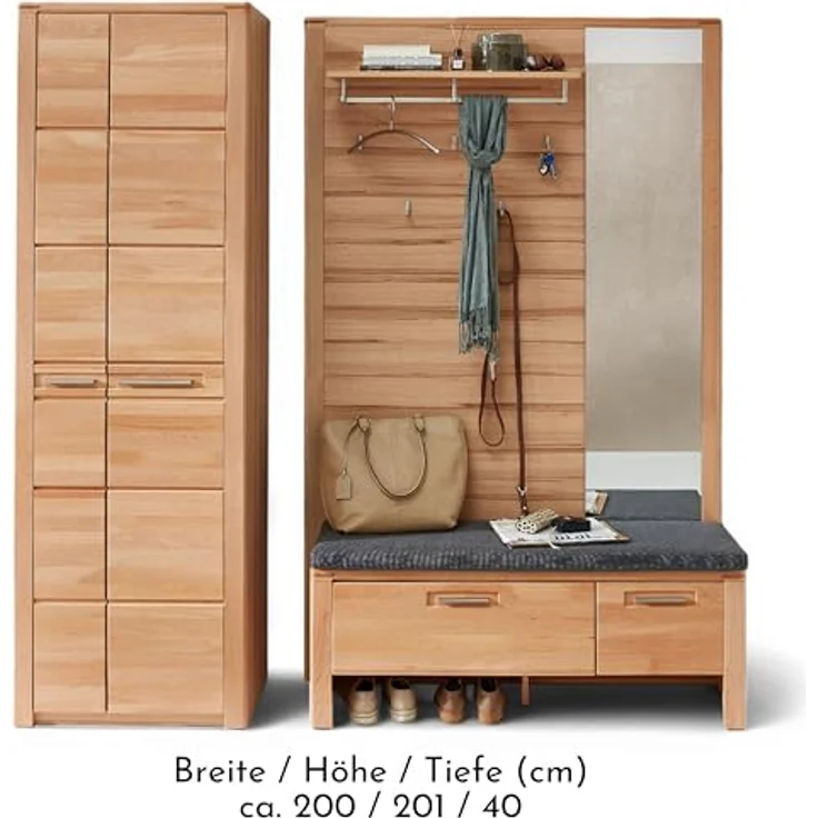 Stella Trading Nature ONE Flurgarderoben Set in Kernbuche Teil-massiv FSC-Zertifiziert - Modernes Garderobenset 3-teilig für Ihren Eingangsbereich - 200 x 201 x 40 cm (B/H/T) – Bild 7