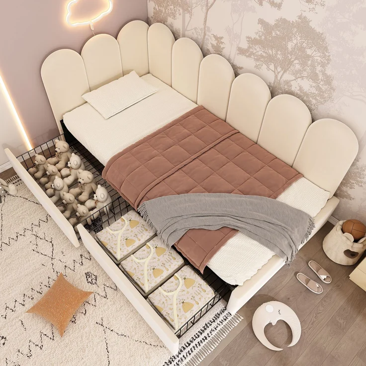EINHOM Polsterbett Einzelbett mit Schubladen Stauraumbett Samt Daybett Tagesbett Schlafsofa 90 x 200 cm mit Lattenrost Jugendbett und Erwachsene Kinderbett, Beige (Ohne Matratze) – Bild 7