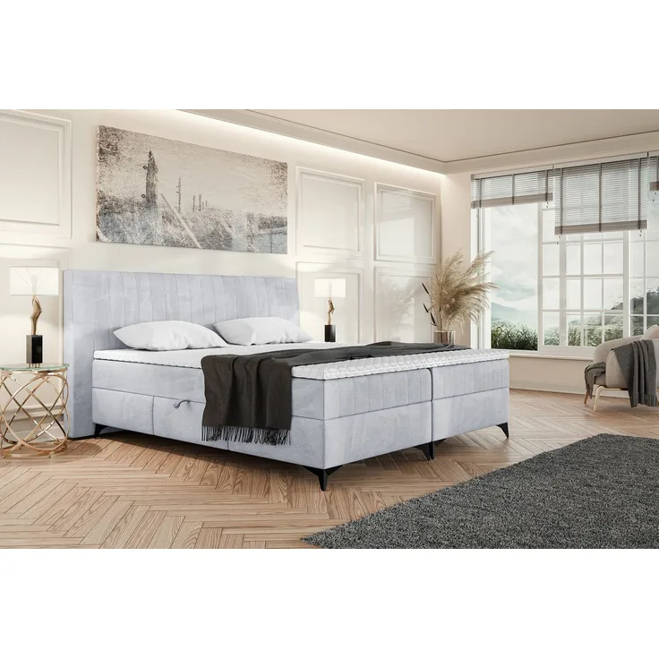 MEBLINI Boxspringbett NANI 160x200cm - H3B/Hellgrau Samt - mit Bettkasten - Polsterbett - Doppelbett mit Topper & Bonellfederkern-Matratze