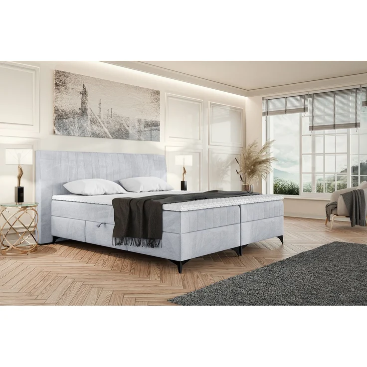 MEBLINI Boxspringbett NANI 160x200cm - H3B/Hellgrau Samt - mit Bettkasten - Polsterbett - Doppelbett mit Topper & Bonellfederkern-Matratze – Bild 1