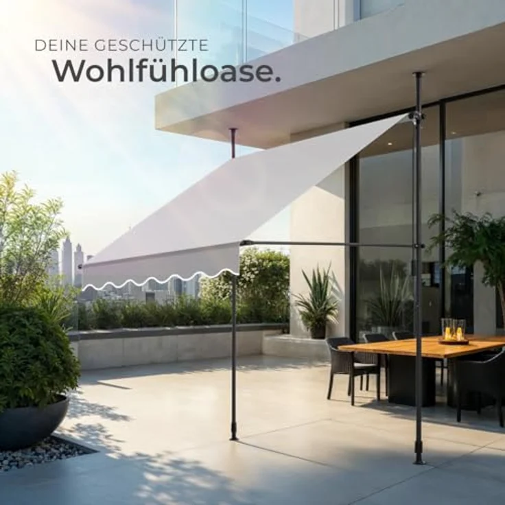 tectake® Klemmmarkise mit Handkurbel, Balkon Markise ohne Bohren, Markise höhenverstellbar, UV-beständig, wasserabweisend, Terrassenüberdachung, Sonnenschutz Terrasse & Balkon, Breite 150 cm -hellgrau – Bild 8