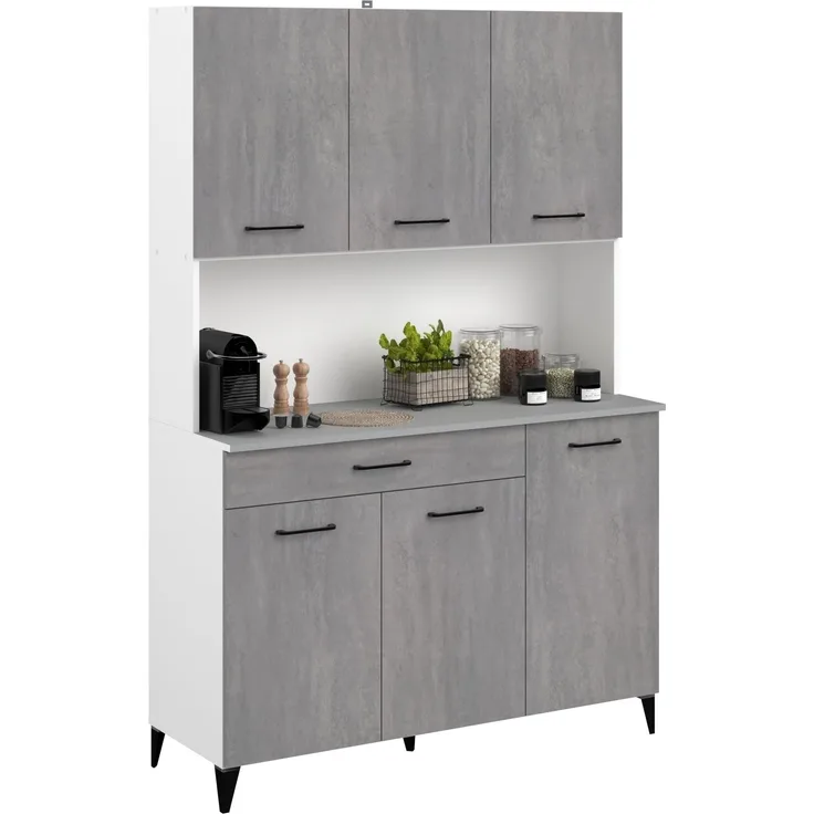 Buffet >Malice 11< 6 Türen, 8 Fächer, Beton Optik hell / weiß - 120x180x44cm (BxHxT)