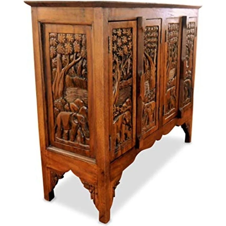 livasia Sideboard Sideboard Massivholz 100x40x80cm Akazie handgeschnitzt – Bild 1