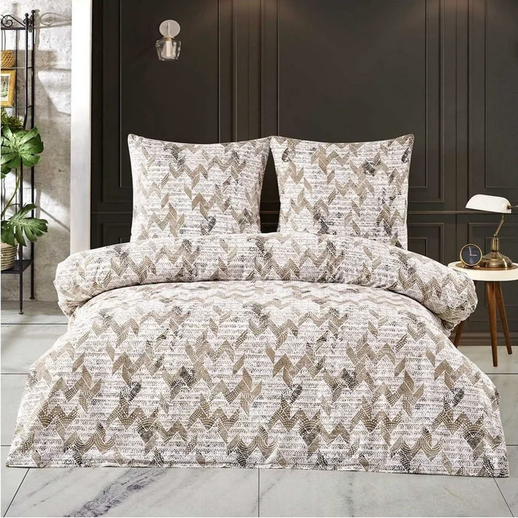 Buymax Bettwäsche Berta, Renforce: 100% Baumwolle, 3 teilig, 200x200 cm Kissenbezug 80x80cm mit Reißverschluss Zickzack Beige Braun – Bild 1